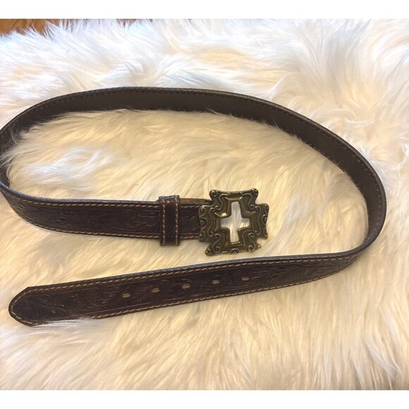 Tony Lama 34L Tooled Leather Belt With Cross Cutout Brass Buckle Made In USA - Picture 4 of 9